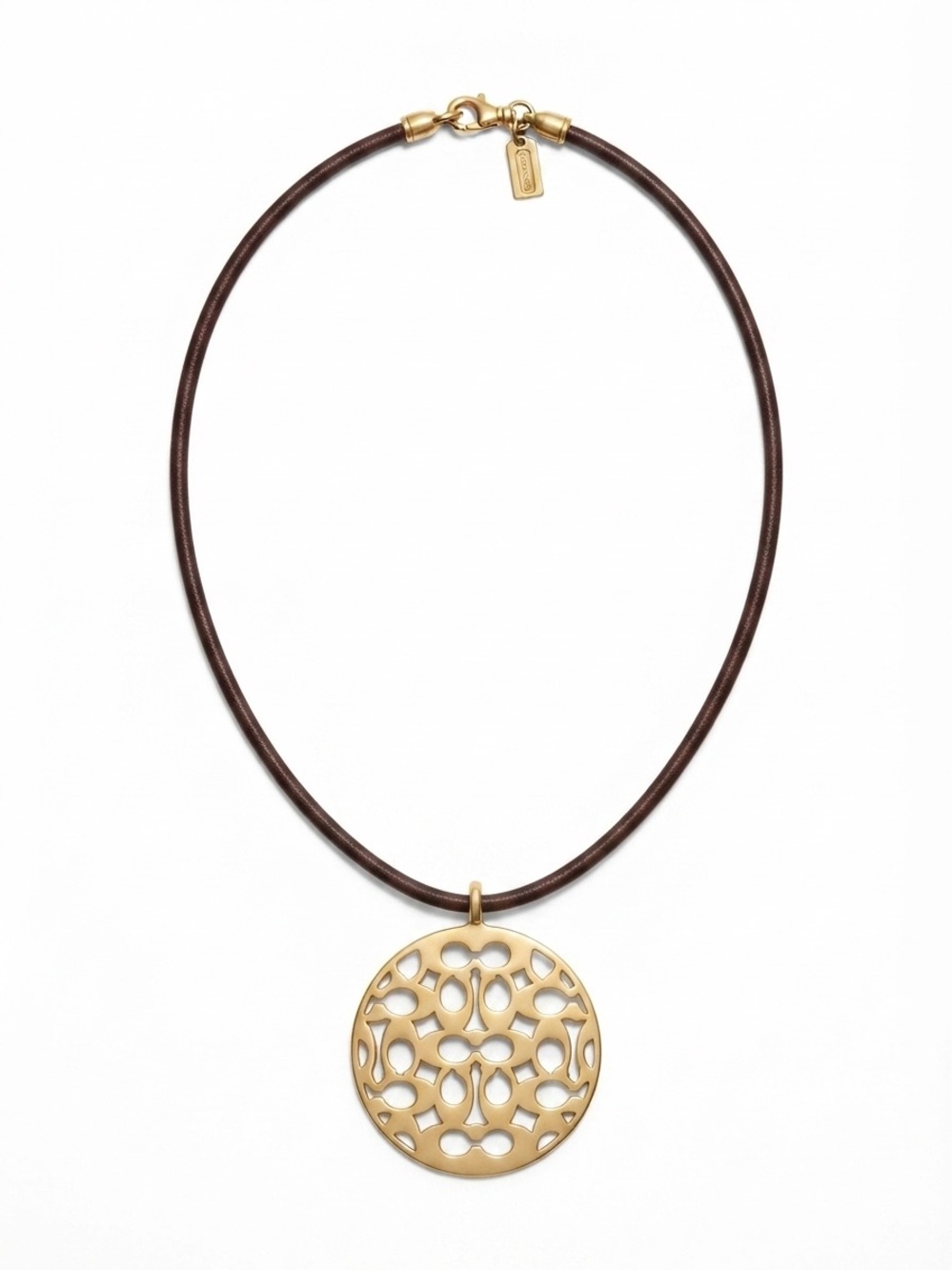 Authentic Coach Gold Signature C Cutout Disc Brown Leather Cord Necklace